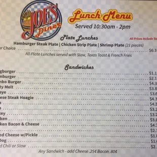 menu for lunch menu