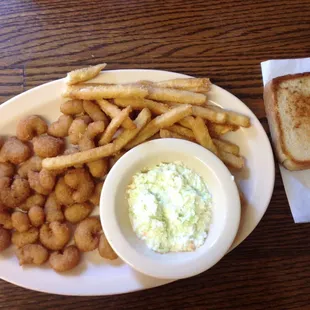 Shrimp plate: 21+ shrimp, slaw, fries and Texas toast