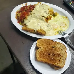 Country fried steak  and eggs  house potatoes is very good breakfast