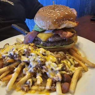 Double cheeseburger with chili cheese fries