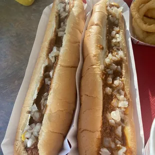 Chili mustard and onion on left Chili cheese and onion  on right