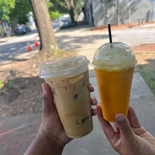 Iced Lavender Vanilla Latte w/ Almond Milk &amp; Strawberry Mango Smoothie