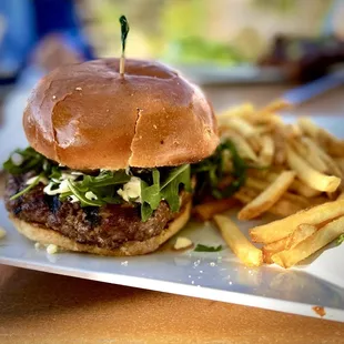 Stuffed Lamb Burger with fries.