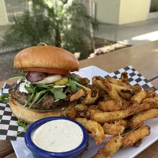 Stuffed Lamb Burger with spicy fried pickle fries