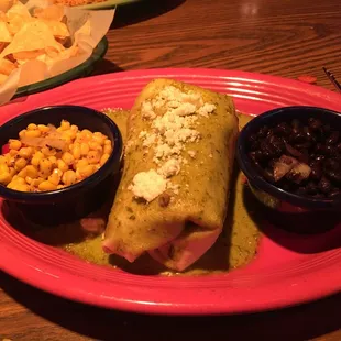 I got black beans and corn for the sides. Vegetarian burrito.