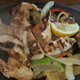 Chicken fajitas-- tasty and piping hot.