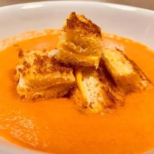 Tomato bisque with grilled cheese croutons