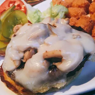 Mushroom Swiss burger (no onion) and tots