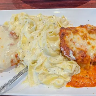 Trio dish with Chicken Parmesan Fettuccine and Beef Lasagna