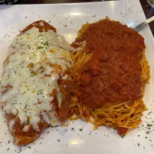 Chicken Parmigiana with angel hair