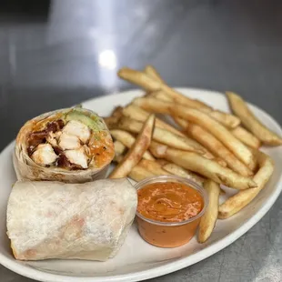 chicken avocado bacon chipotle wrap, extra chipotle with a side of fries