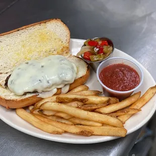 hand pulled pizza burger with a side of fries