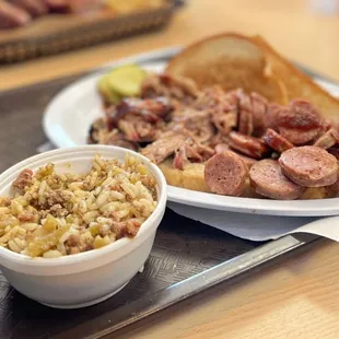 Two meat Dinner with Shredded Pork, Sausage, and Dirty Rice