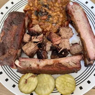 Ribs and burnt ends platter with baked beans side