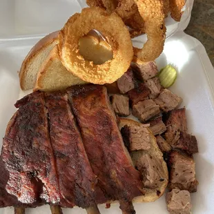 The rib &amp; burnt end dinner w rings will fill your belly or in my case leave plenty leftovers for tomorrow