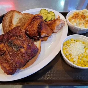 Ribs and 1/4 chicken with a side of seasonal vegetables. Also, some Mac &amp; cheese.