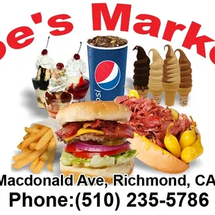 a sandwich, fries, ice cream, and soda