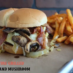 Swiss mushroom bacon burger with zesty fries