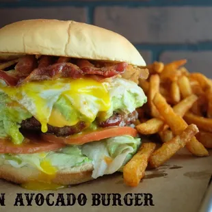 Bacon cheese avocado burger with zesty fries