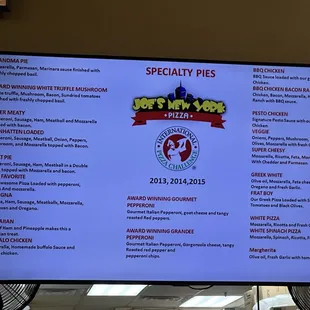 Menu, without pricing