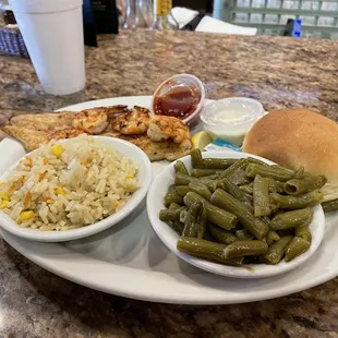 Lunch special: Fish &amp; shrimp (grilled) with rice pilaf &amp; green beans