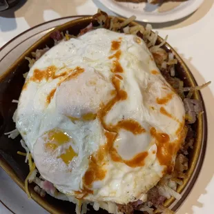 Meat Lovers Skillet w/eggs &amp; Louisiana Hot Sauce