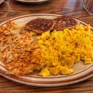 Three Egg, Sausage Patties, and Hash browns.