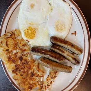 Eggs, sausage, hash browns.