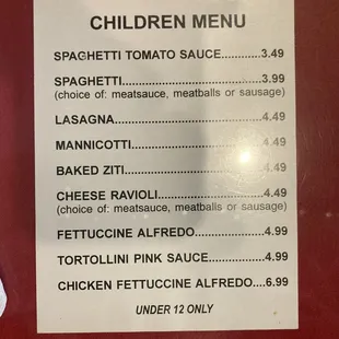 Kids menu