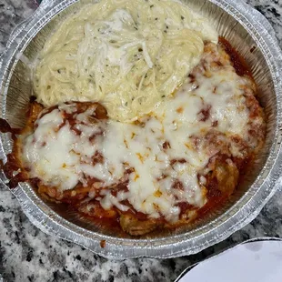 Eggplant parmigiana with Angel hair fettuccine instead of the pasta side it comes with