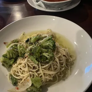 Pasta elgio olio. And meatballs on top.