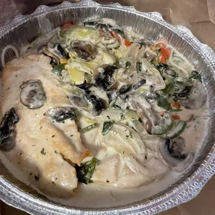 Lunch Chicken Primavera w/ Spaghetti. It was delicious. It came with a salad (house dressing is my favorite) and two rolls.