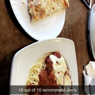 a slice of pizza and spaghetti