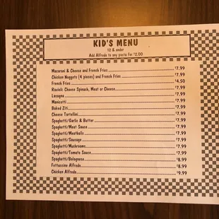 Kids menu