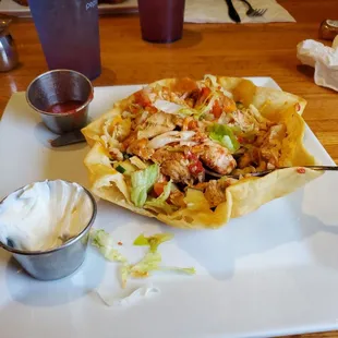 Chicken taco salad - perfect size for lunch. I added cucumbers. Fresh and flavorful.