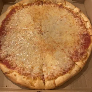 a cheese pizza in a box