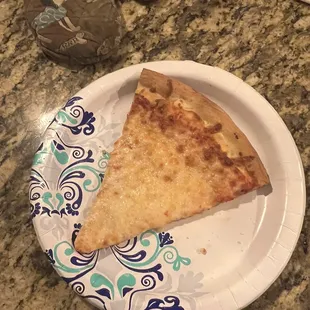 a slice of pizza on a paper plate