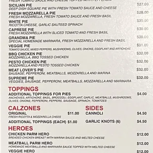 Menu as of December 2023