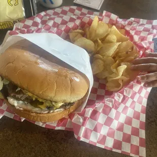 Single burger with cheese and sea salt fries