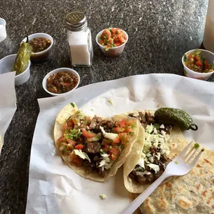 Two Tacos and a sincronizada (quesadilla with carne asada)