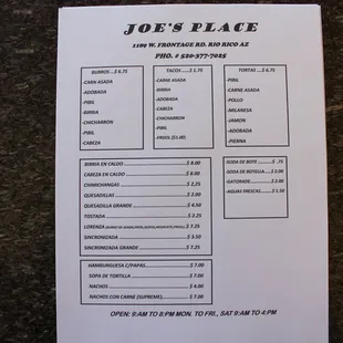 a menu for joe's place
