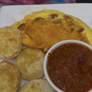 Cheddar and kielbasa omelette with chili