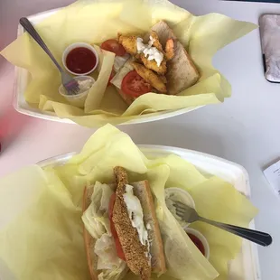 two baskets of food on a table