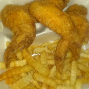 3 piece whole wing with fries it was freshly cooked and delicious and the service was very friendly and price was reasonable.