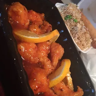 Orange Chicken (extra spicy)with Shrimp Fried Rice and an Eggroll..