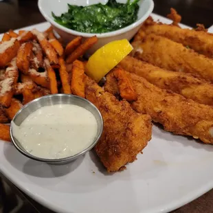 Fried cod, sweet potatoes, and spinach