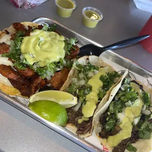 L to R: Pastor (Vampiro style), Cabeza (Orig style), Asada (Orig style). The Vampiro is served crunchy. The others are lightly toasted