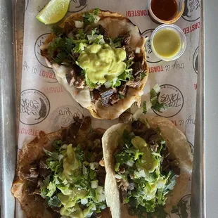 Vampiro (top), original (bottom right), and toasted (bottom left). All carne asada.