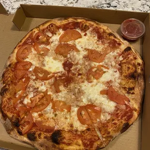 (Build Your Own) 14" Pizza added tomato, onion and garlic. Side of pizza sauce