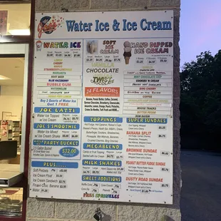 a menu for ice cream